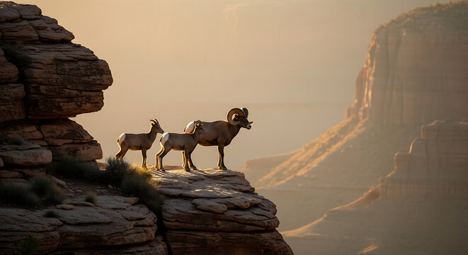 sunrise over canyon with a family of bighorn sheep on a rocky ledge
