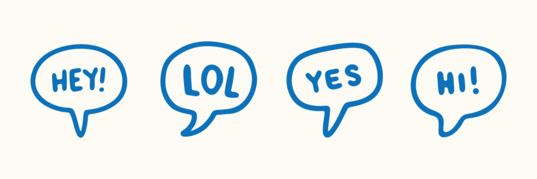 Speech Bubbles With Casual Greetings And Expressions Hand Drawn Doodle Icon Set. Informal Communication Sketch Symbol Collection. Social Media And Messaging Context. Isolated Vector Illustration