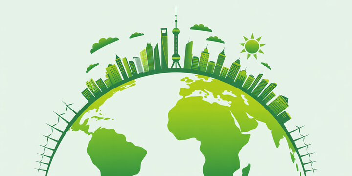 Green eco friendly city skyline silhouette on a globe with wind turbines