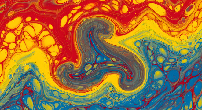 Vibrant fluid art background featuring a captivating swirl of triadic colors, red, yellow, and blue, creating an mesmerizing abstract texture and dynamic pattern