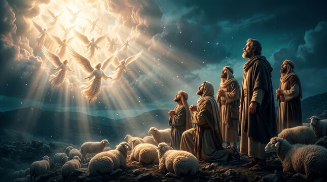 Angels Descend to Shepherds on Earth During a Divine Revelation and Worship Scene