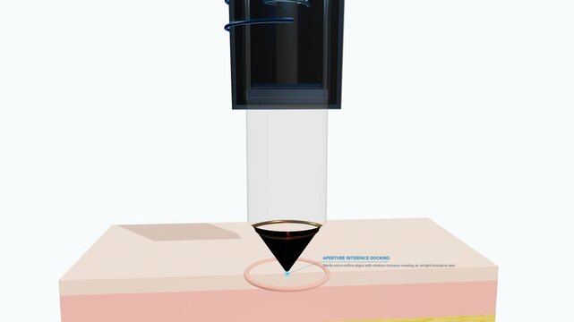 3D animation showcasing a needle-free jet injector delivering medication through the skin via a high-pressure fluid stream highlighting advanced painless medical drug delivery technology