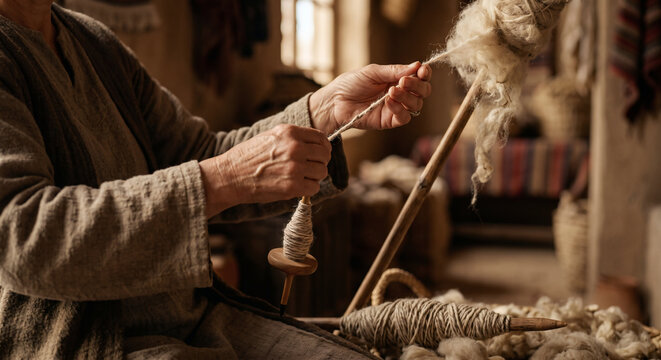 Woman of Noble Character Spinning Wool and Working With Her Hands, Proverbs 31 Biblical Illustration of Wisdom and Diligence
