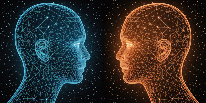 Two human heads made of glowing blue and orange digital wireframe mesh