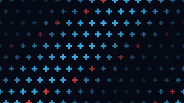 Dynamic abstract pattern of illuminated blue and red plus signs creating a futuristic grid visualization, symbolizing data flow, innovation, and positive mathematical operations within a digital space