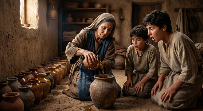 Elisha Helping the Widow as Her Small Jar of Oil Multiplies, Miracle of God's Provision, 2 Kings 4 Biblical Story
