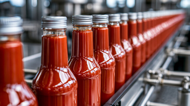 Glass bottles of ketchup moving along a bright factory production conveyor line. Ideal for food manufacturing and industrial supply concepts.