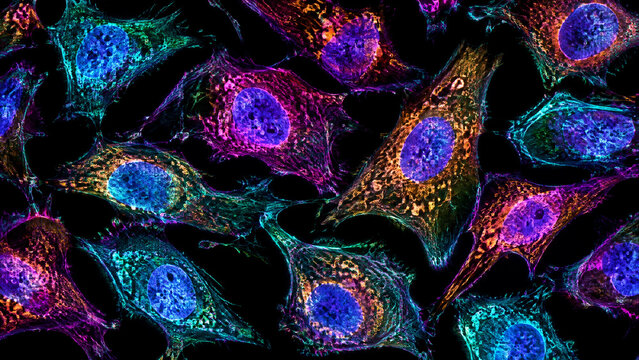 Fluorescent stained human cells observed under a high magnification confocal microscope on black background