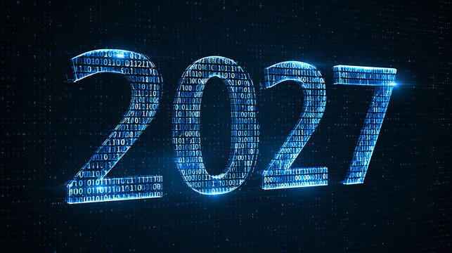 Glowing digital binary code numbers 2027 stand in a futuristic cyber space. Perfect graphic for technology and future innovation concepts.