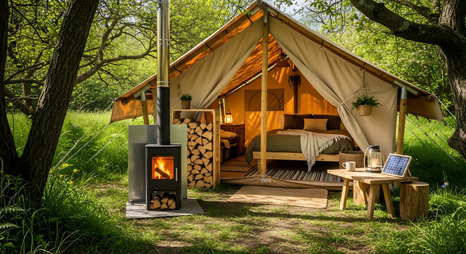 Glamping Tent with Wood Burning Stove and Organic Linens in Forest