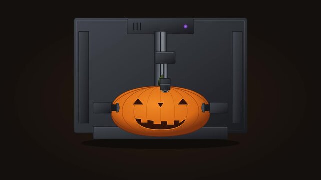 Premium Halloween animation featuring an automated mechanical machine carving a pumpkin into a glowing jack-o'-lantern. The sequential carving process, industrial machinery and warm internal illuminat