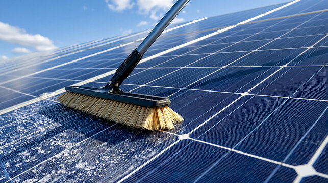 Solar panel cleaning with a brush under bright daylight. Perfect for renewable energy maintenance and green technology concepts.