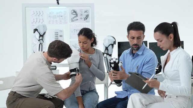 Robotics researchers assembling a modular bionic arm on a test volunteer, fitting shoulder, elbow and hand segments in a white engineering lab