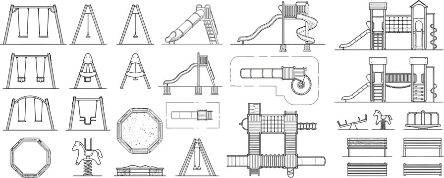 Set of playground structure CAD architectural drawings isolated on transparent background with technical views of swings and outdoor play equipment