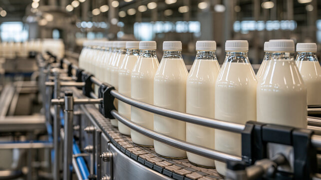 Bottles of fresh milk move along a conveyor belt at a dairy processing plant. Concept for food production and healthy beverages.