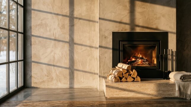 Modern fireplace with birch logs, symbolizing modern innovation and digital transformation in corporate industry