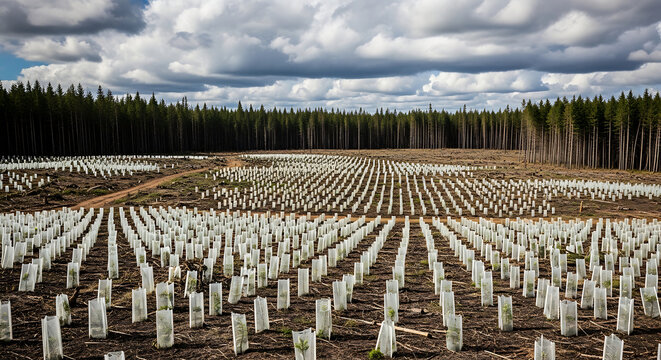 a vast forest being restored with rows of newly planted saplings in protective tubes
