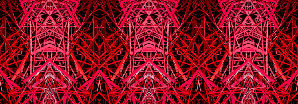 a chaotic jumble of bright red-painted wooden planks