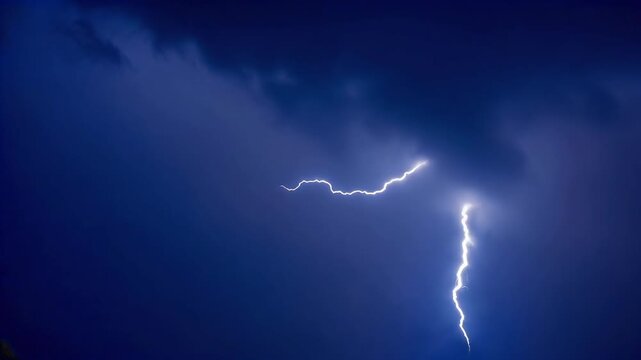 Powerful lightning bolts striking across a dark stormy sky