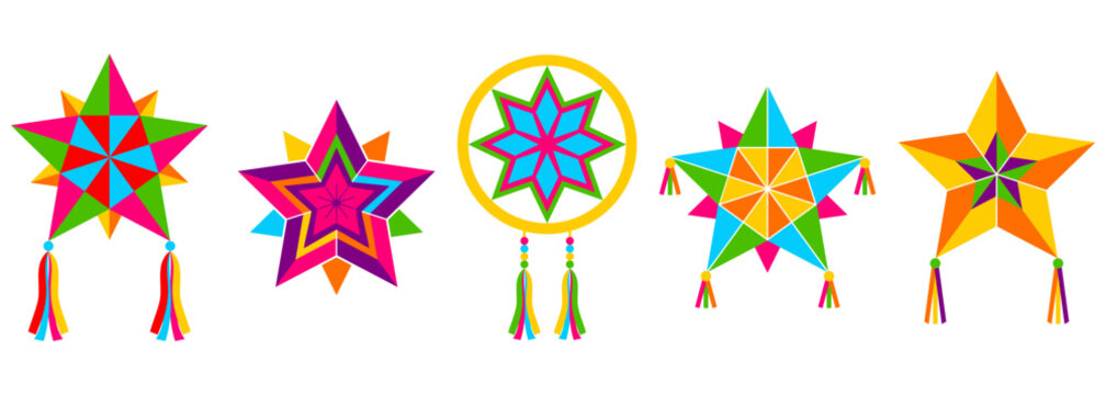 Filipino Christmas parol lantern set with colorful traditional star decorations and geometric shapes. Vibrant festive holiday ornament collection for Philippines celebration, cultural heritage party