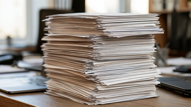 Tall stack of paper documents on a wooden desk, representing workload and bureaucracy. Perfect for business or administrative concepts.