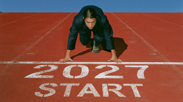 Business professional in sprinter starting stance on red running track