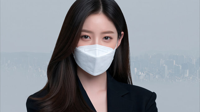 Concerned young woman wearing white respiratory mask against hazy urban skyline, presenting serious expression and public health concern