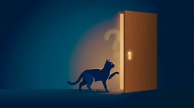 Black cat reaching for a glowing keyhole in a dark door