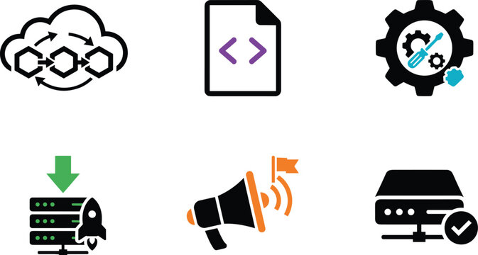 Set of flat vector icons representing cloud computing, software development, technical support, server deployment, marketing, and network connectivity