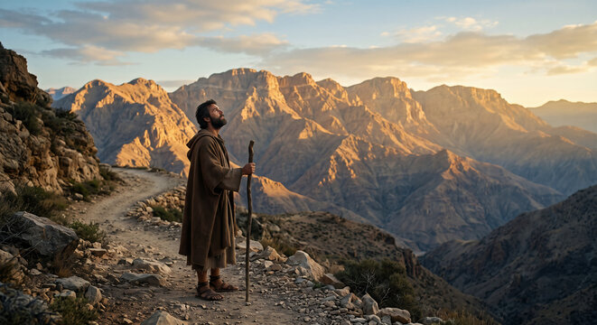 Psalm 121 Person Lifting Eyes Toward the Hills for Help, Biblical Illustration of Faith, Protection, and God's Guidance
