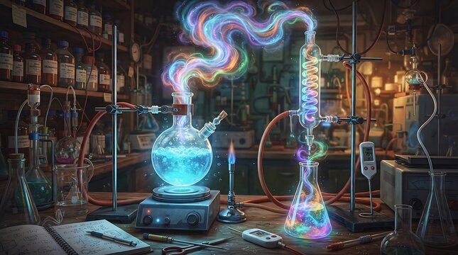 Magical glowing potion brewing in a dark alchemy lab