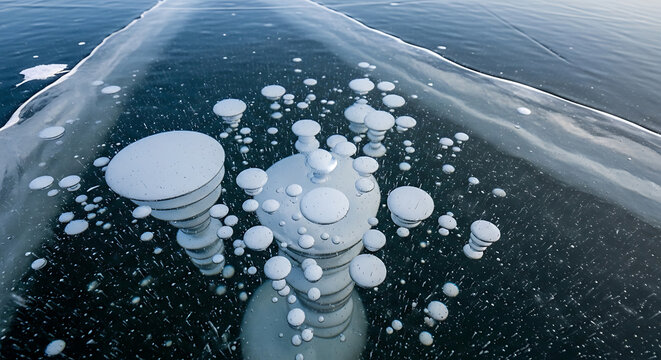 frozen bubbles trapped in the clear ice of a cold winter lake