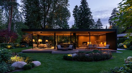 Fototapeta premium Modern glass house with warm interior lights at