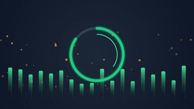 Digital equalizer and progress circle animation with particles dark background futuristic UI