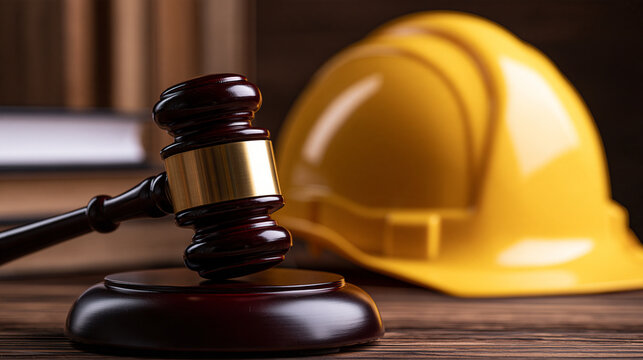 Gavel and yellow hard hat on wooden table, symbolizing construction law. Represents legal justice in building.