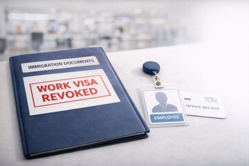Immigration documents for revoked work visa showing employee ID and access card © dvoevnore