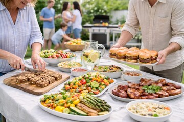 Outdoor courtyard bbq party food with diverse dishes on table, background © dvoevnore