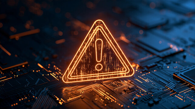 Glowing orange warning sign with exclamation mark on a circuit board. Represents cyber security alert.