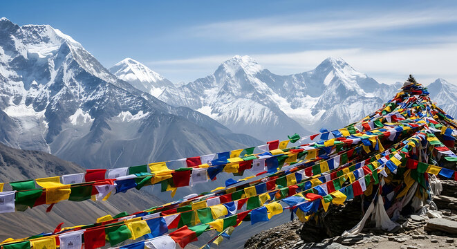 high mountain pass with prayer flags blowing in the wind, himalayas