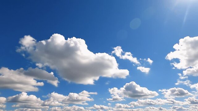 Cielo azul claro con nubes blancas y suaves en movimiento continuo durante un d&iacute;a soleado, creando una atm&oacute;sfera serena, limpia y luminosa.