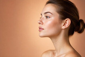 Fototapeta premium A young woman with brown hair is shown in a side profile against a plain, warm-toned background.