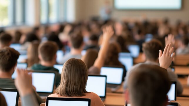 students raising hands in university lecture hall with