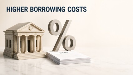 Higher borrowing costs concept with classical bank building, oversized percent symbol, stacked debt papers, and global bond sell off theme, illustrating interest rates, finance, lending, inflation, or © dvoevnore