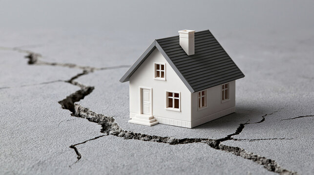 A small model house standing near a large ground crack in a studio setting. Earthquake insurance concept for property risk and natural disaster protection ads.