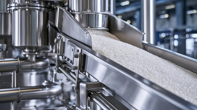 White granules moving on a stainless steel conveyor belt in a modern factory. Industrial processing and manufacturing concept.