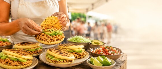 Latin American street food market scene featuring woman serving grilled tacos and colorful toppings, including avocado, lime, salsa, and corn, with warm outdoor vendor setting and copy space © dvoevnore