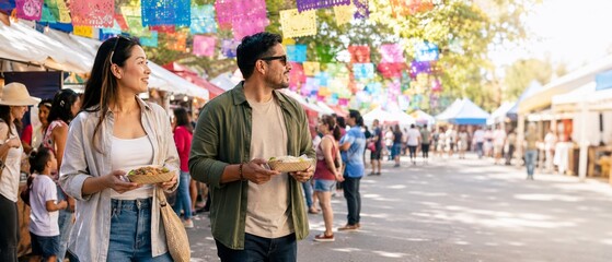 Latin American street food market with Hispanic couple sharing plates beneath colorful papel picado, lively outdoor festival crowd, cultural celebration, and sunny pedestrian avenue with copy space © dvoevnore