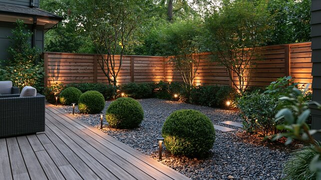 Modern garden deck with gravel path and glowing