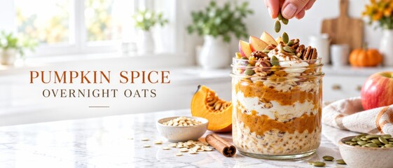 Pumpkin spice overnight oats in glass jar with layered yogurt, fruit, seeds, cinnamon, and autumn produce on kitchen counter, featuring warm seasonal food styling and copy space for advertising © dvoevnore