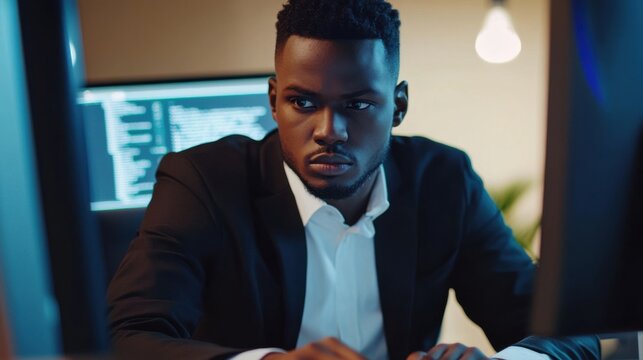 Serious African American Businessman Working Late on Computer